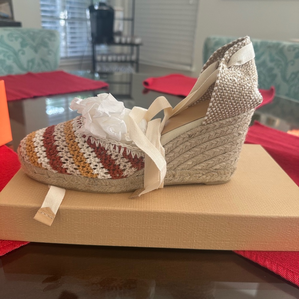 Castaner Woven Espadrille Wedge in Cream, Rust & Mustard - Picture 3 of 3